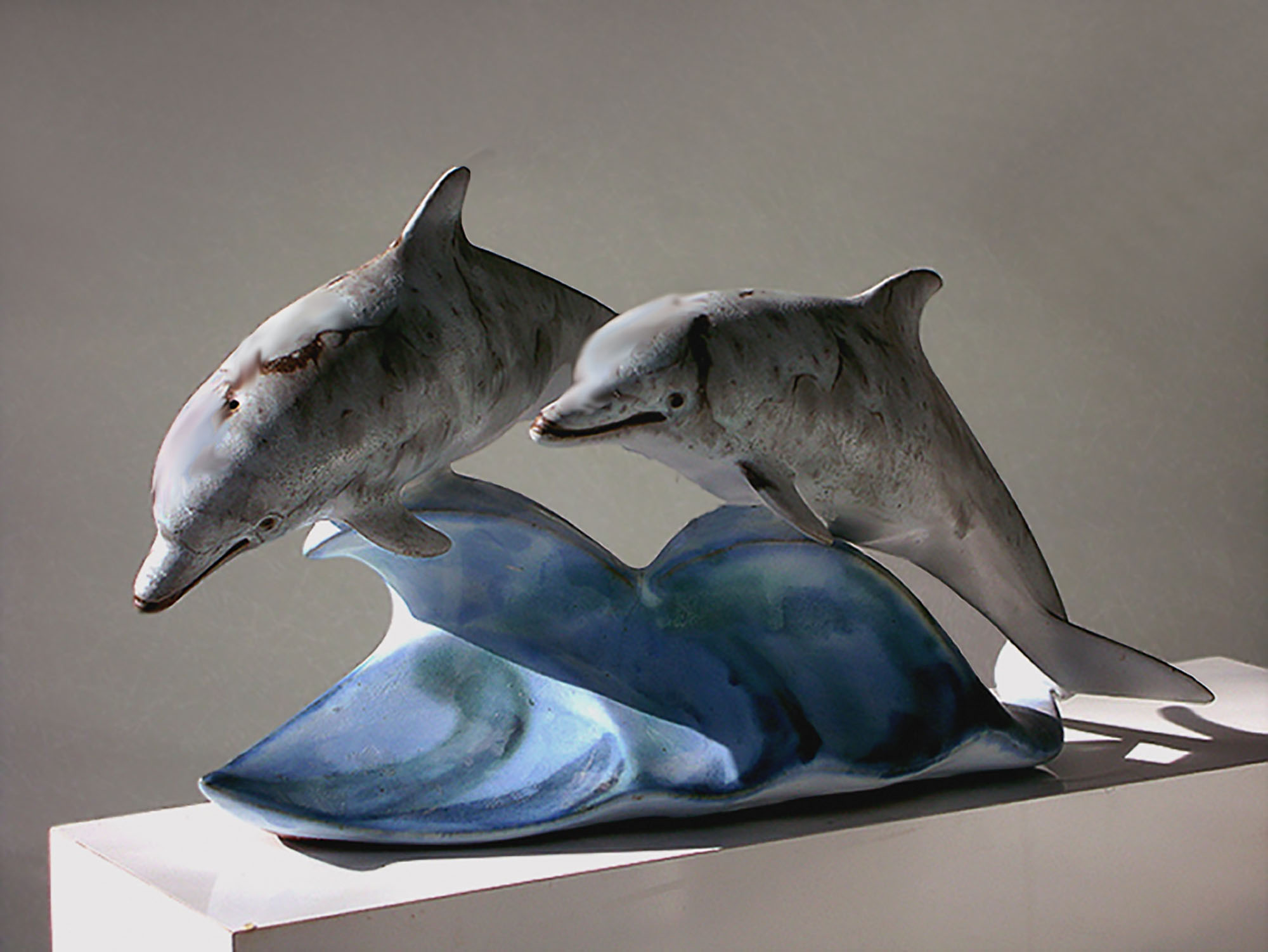 Ceramic Double Dolphins Dancing on a Wave
