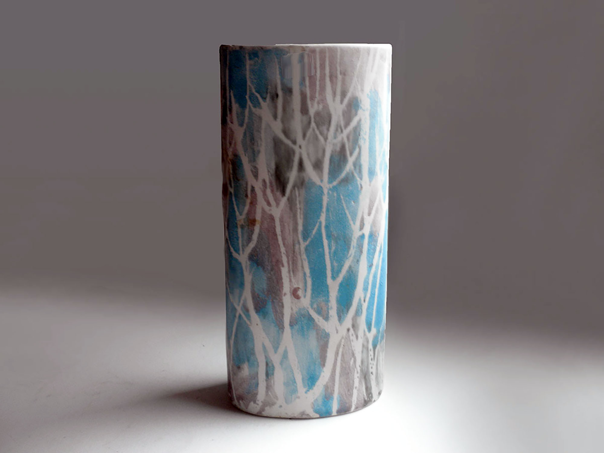Tall Oval Cylinder Vase in Turquoise and Coral Birch Tree by Brenda