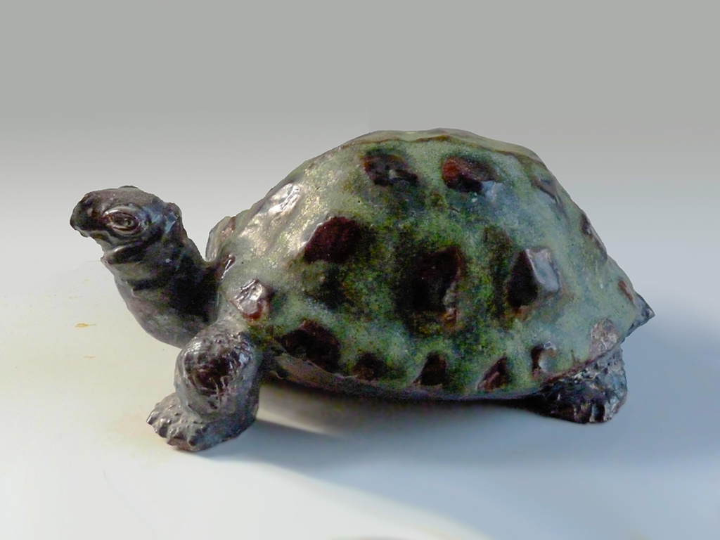 Stoneware Turtle in Green and Ebony